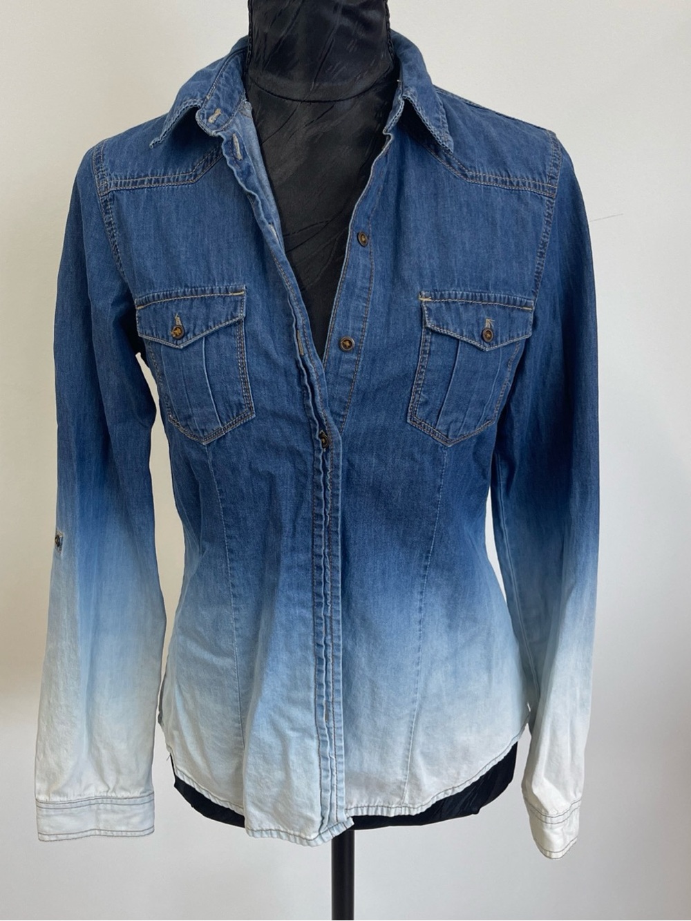 Black Label Women's Ombre Denim Button-Down Shirt in Blue and White